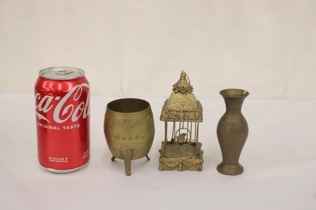 Miniature Brass Vase, Dish & Painted Birdcage