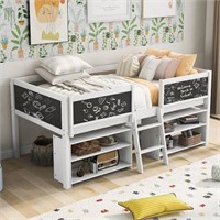 White Twin Low Loft Bed with 2-Movable Shelves