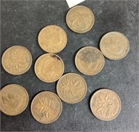 10 World War II Canadian pennies from 1940s