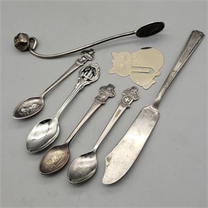 COLLECTORS SPOONS, BUTTER KNIFE & CAT CLIP
