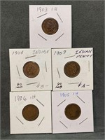 5 Indian Head Pennies 1903 1904 1905 1906
