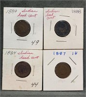 4 Indian Head Pennies 1884 1887 1888 1889