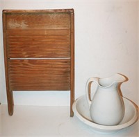 Wooden Wash Board, Ironstone Pitcher & Bowl