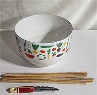 Metal bowl, chop sticks and corer