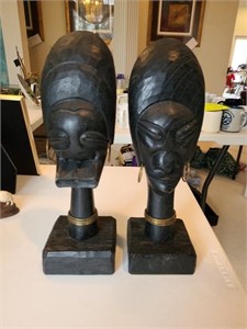 Vintage Pair of Carved Wooden African Busts. Dinin