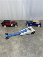 Diecast Cadillac model cars and Simms dragster
