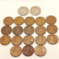 2 Buffalo Nickels + 18 Wheat Pennies