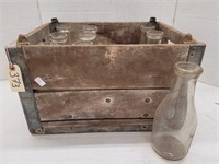 9 1qt Vintage Milk Bottles In Wooden Crate