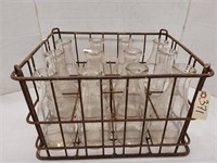 12 1qt Vintage Milk Bottles In Wire Crate