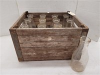 12 1qt Vintage Milk Bottles In Wooden Crate