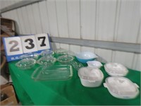 PYREX DISHES AND BOWLS,. BLUE BOWL WITH HANDLES,