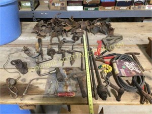 Lot misc old tools, jump cables, braces,pipe