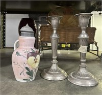 Pair of India Metal Candle Holders and Glass Jar