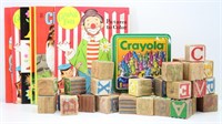 New-Tin of 64 Crayola's, Bag of Large Wood Blocks
