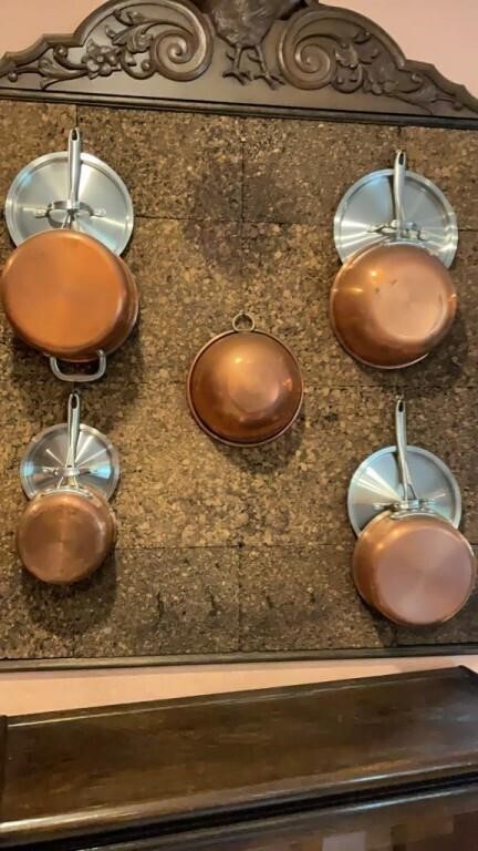 4 Calphalon Copper Pots w/ Lids and a Copper Bowl