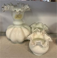 Three Piece White Fenton Glass Ruffled Rim Vases