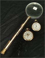 LOT OF TWO GOLD WATCHES & MAGNIFYING GLASS