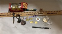 Door knobs, rings, dog tags, tokens, misc