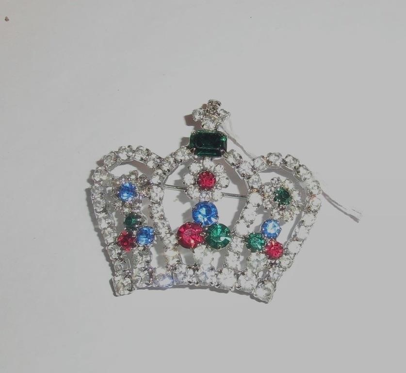 Multi color rhinestone crown brooch