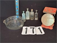 Baby Scale, Fire King Bowl & Old bottles