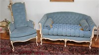 3 pc French Provincial blue upholstered living