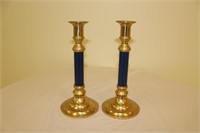 2 brass candlesticks w/ blue stems