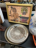Indian Framed Print & Silver Plate  Lot