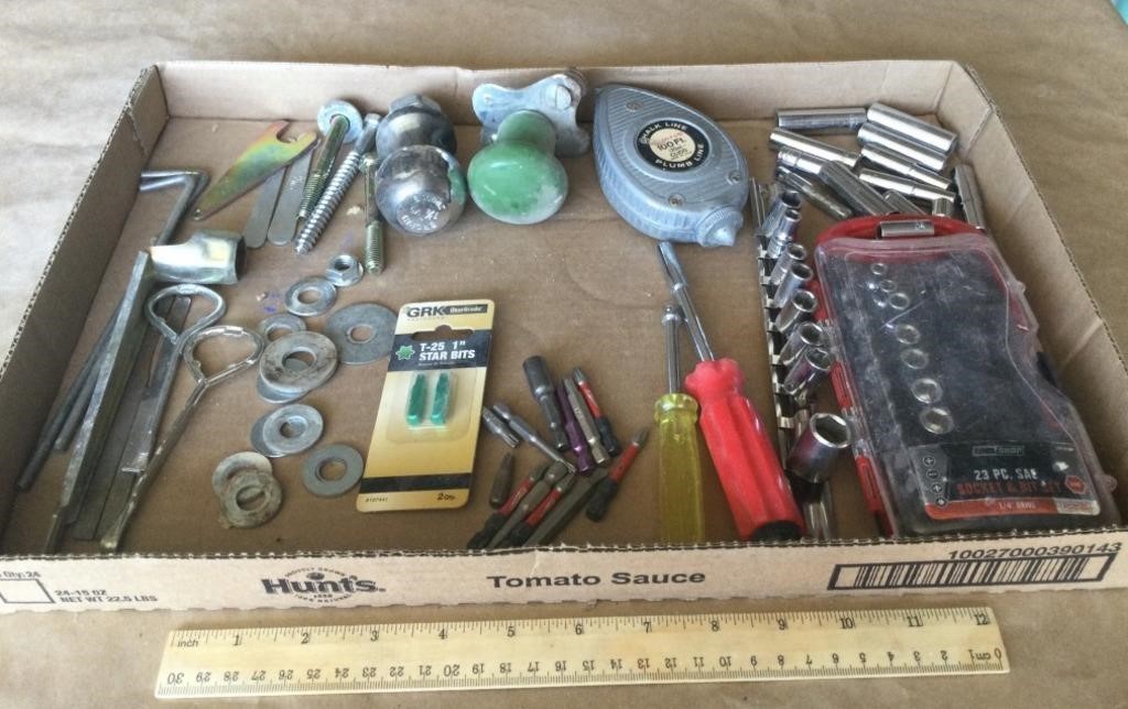 Tool lot w/sockets, bits, chalk line, & ball