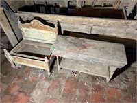 Primitive Bench & Vintage Wood Baby Crib