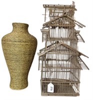 Vintage Oriental Style Bird Cage & Seagrass Vase