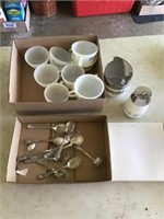 FLAT OF SILVER SPOONS & PLATE/MILK GLASS MUGS