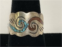 Sterling Inlaid Turq & Coral Ring 5.5gr TW Sz 7.75