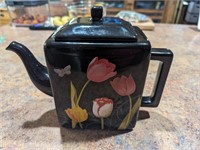 Vtg Square Black Teapot w/ Flower Design