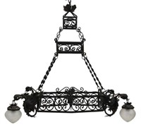 WROUGHT IRON & FROSTED GLASS 4-LT CHANDELIER