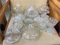 ASSORTED CUT GLASS COVERED DISHES AND LIDS