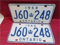 1968 Ontario Matching License Plates Cars Canada