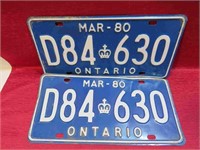 1980 Ontario Matching License Plates Cars Canada
