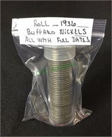 Coins, roll 1936 buffalo nickels, all with full