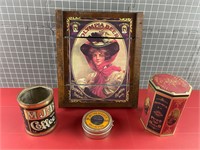 OLYMPIA BEER PLAQUE & GIRLY TINS VINTAGE