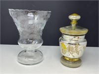 Victorian Etched Vase, Mercury Glass Jar