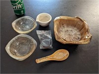 Glass/Ceramic Trays & Spoon, Clay Tokens, & Mortar