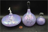 Trio of Signed Glass Perfume Bottles & Oil Lamp
