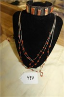 SILVER AND CORAL TONED NECKLACE AND BRACLET