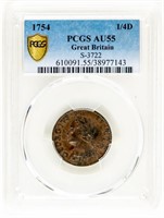 Coin 1754 1/4 Farthing Gr Britain-PCGS-AU55