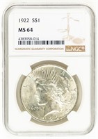 Coin 1922-P Peace Dollar-NGC MS64