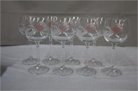 Eight crystal wineglasses with rose overlay