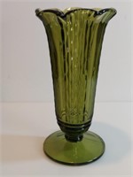 Large Avocado Green 4-panel Pedestal Vase Ruffled