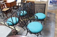4 WROUGHT IRON PATIO CHAIRS W/ BLUE CUSHIONS