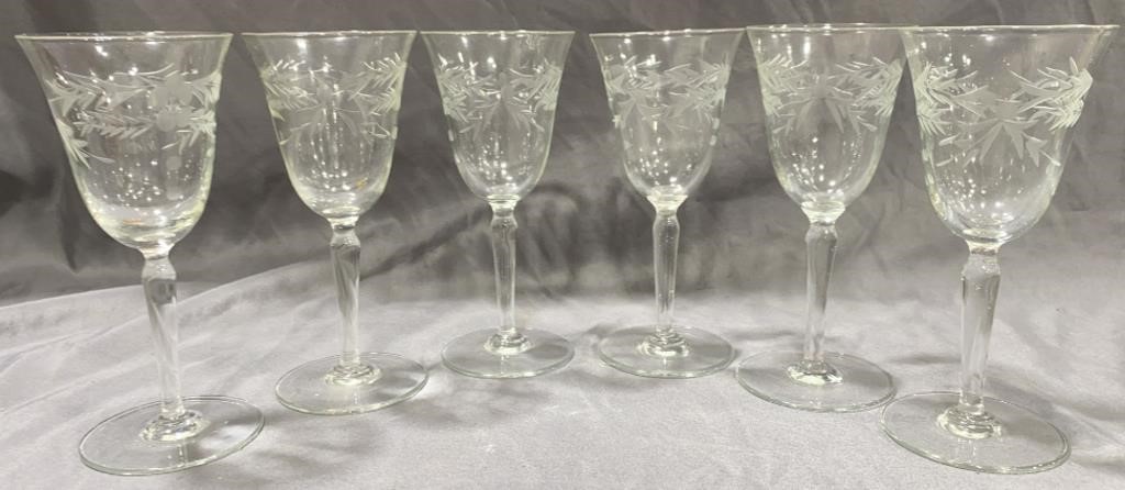 (6) Etched Glass Sherry Glasses