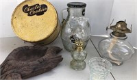 Oil Lamps, Charles Cookies Tin, Ceramic Log Small